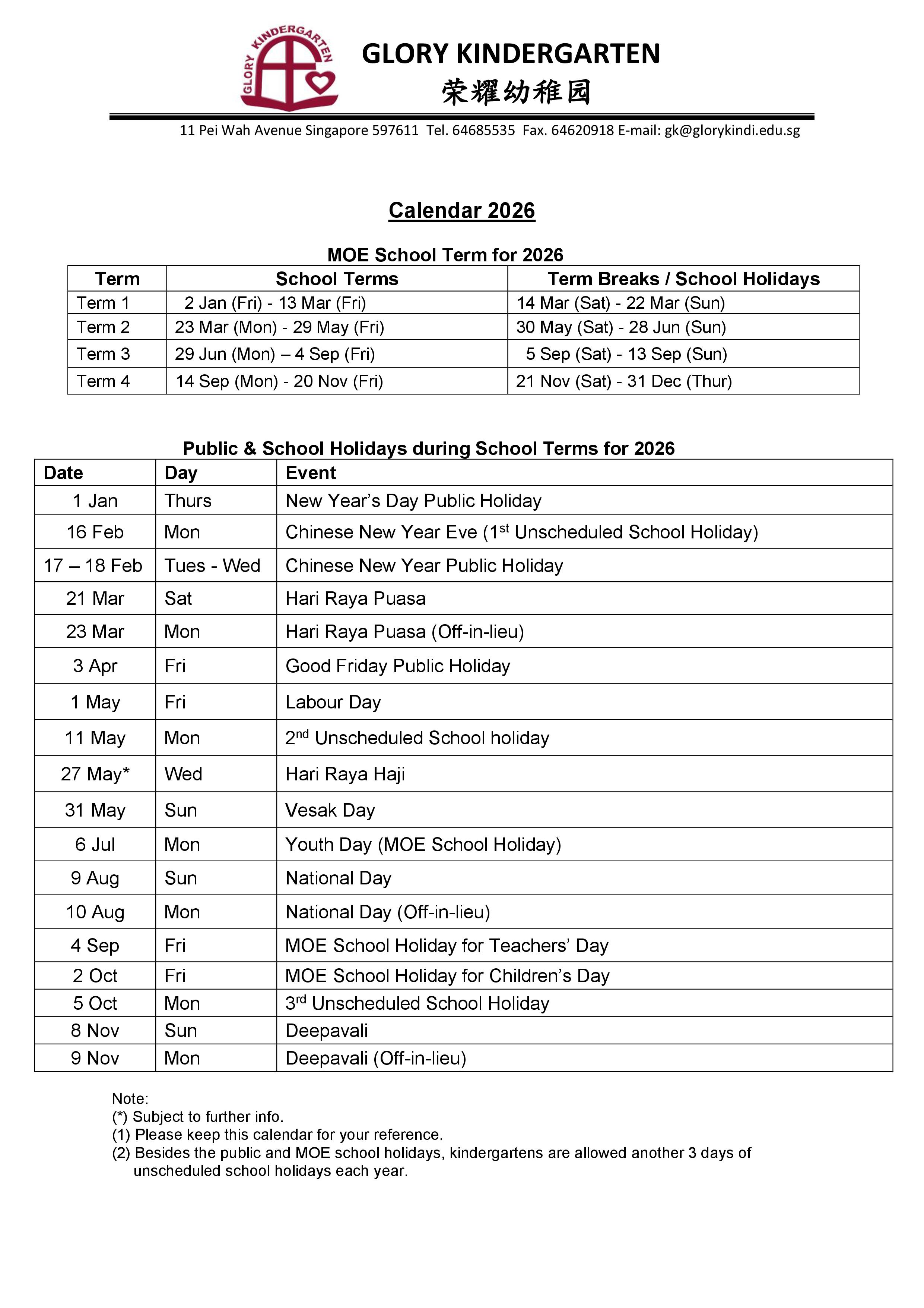 2021 MOE school term and public holidays